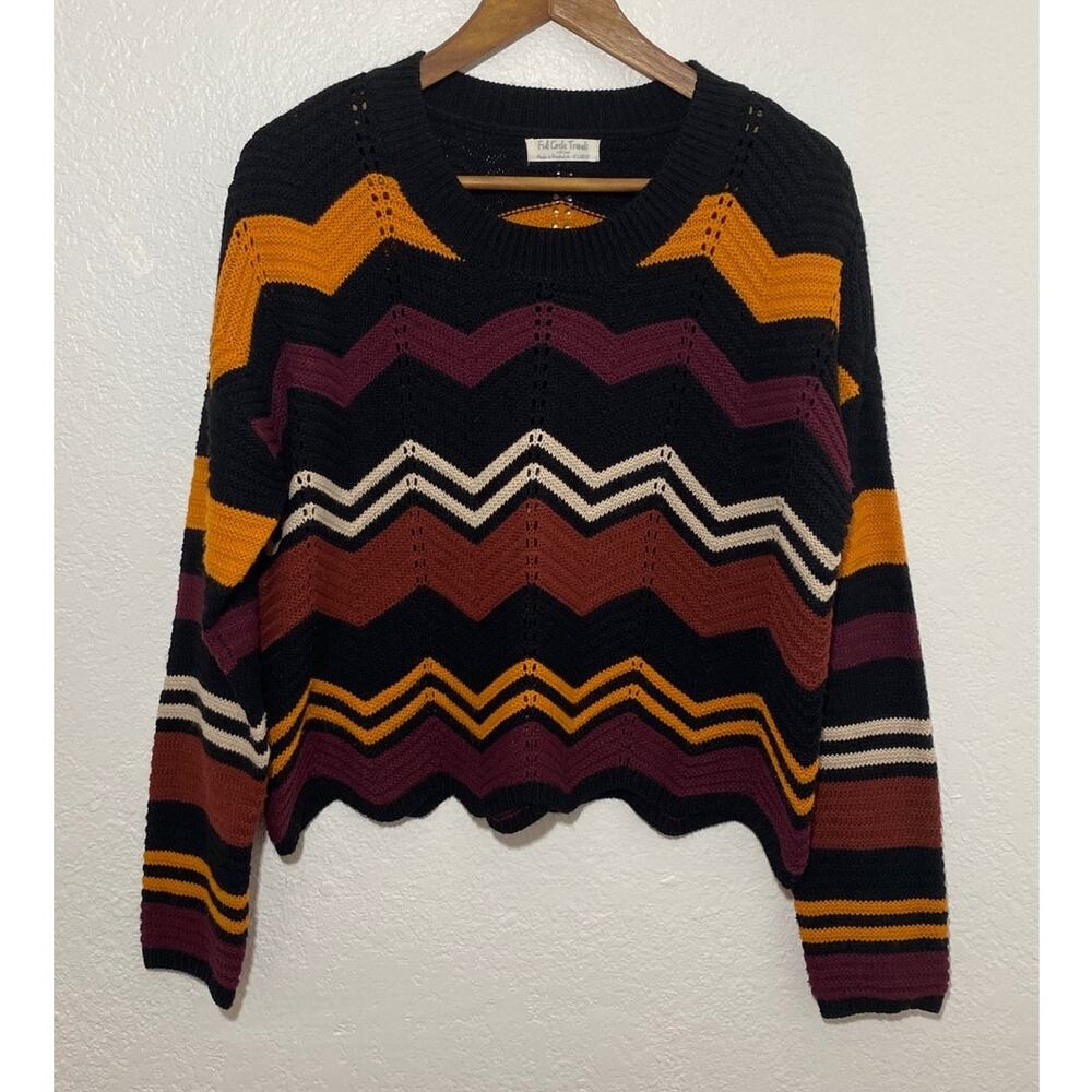 Full Circle Trends X-Large Brown Cropped Chevron Striped Sweater Cottagecore